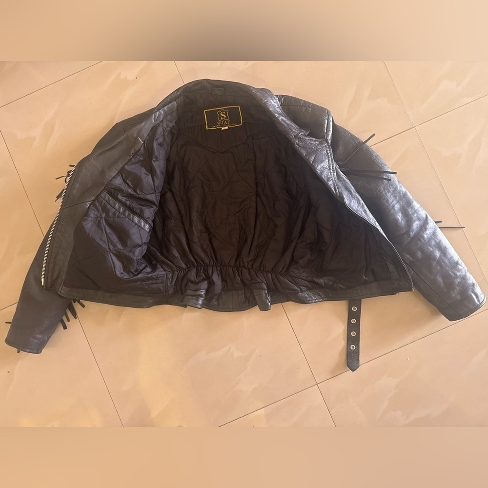 Vintage SHAF Black Leather Biker Jacket Fringe Motor Harley Davidson XL Motorcy - Picture 10 of 15